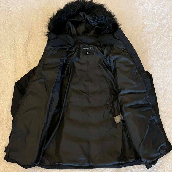 London Fog Women's Belted Puffer Jacket with Removable Faux Fur Hood Black Small - Picture 5 of 10